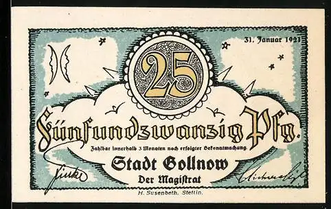 Notgeld Gollnow 1921, 25 Pfennig, Segelboot auf dem Fluss