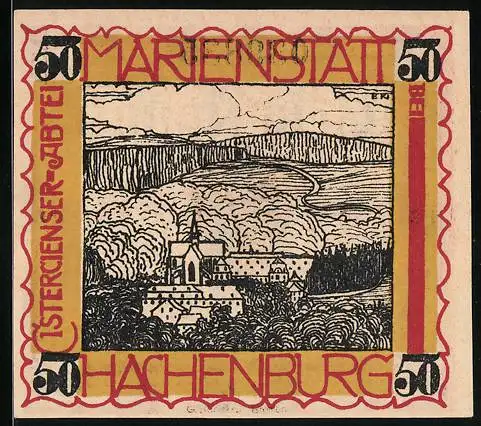 Notgeld Hachenburg 1921, 50 Pfennig, Wappen und Stadtansicht