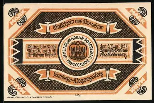 Notgeld Kandrzin-Pogorzelletz 1921, 3 Mark, Wappen, Alte Schrothholzkirche und Kirchhof