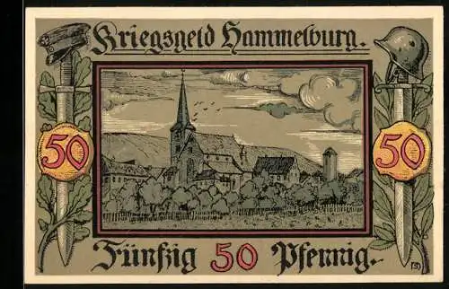 Notgeld Hammelburg 1918, 50 Pfennig, Wappen und Ortspartie mit Kirche