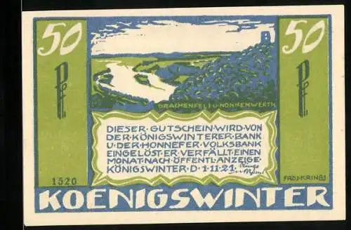 Notgeld Königswinter 1921, 50 Pfennig, Drachenfels und Nonnenwerth