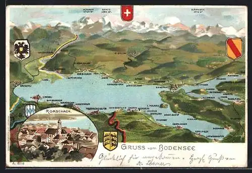 Künstler-AK Rorschach, Gesamtansicht mit Bodensee und Wappen, um 1900