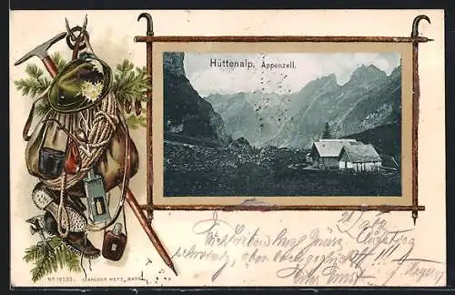 Lithographie Appenzell, Hüttenalp, geprägtes Passepartout mit Wanderausrüstung