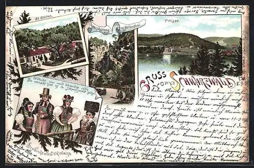 Lithographie Titisee, St. Otilien, Frauen in Tracht, Hirschsprung im Höllenthal