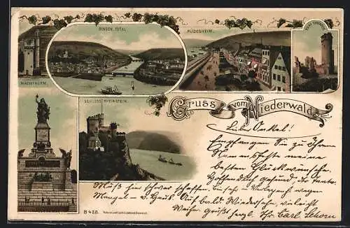 Lithographie Rüdesheim / Rhein, Ruine Ehrenfels, Schloss Rheinstein, Mäusethurm