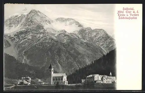 AK Sulden, Hotel Eller mit der Kirche und Vordere Schöntaufspitze