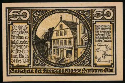 Notgeld Harburg /Elbe 1921, 50 Pfennig, Die Sinstorfer Kirche, Mann und Frau in Tracht