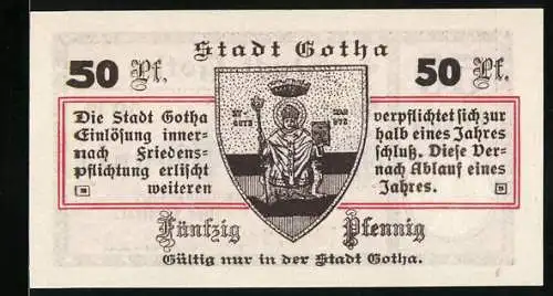 Notgeld Gotha 1917, 50 Pfennig, Stadtwappen mit dem Bischof