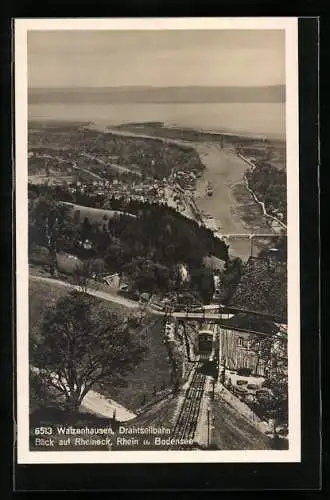 AK Walzenhausen, Drahtseilbahn und Blick auf Rheineck, Rhein und Bodensee