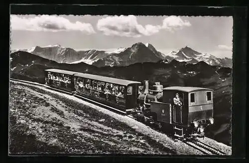 AK Brienz, Brienzer Rothorn-Bahn mit Berner Hochalpen