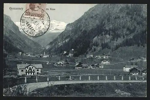 AK Gressoney, Ortsansicht gegen Monte Rosa