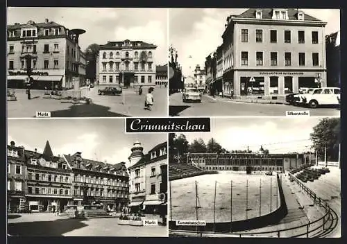 AK Crimmitschau, Markt, Silberstrasse und Kunsteisstadion