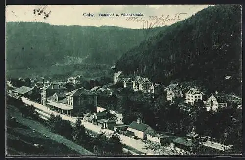 AK Calw, Bahnhof und Villenkolonie aus der Vogelschau