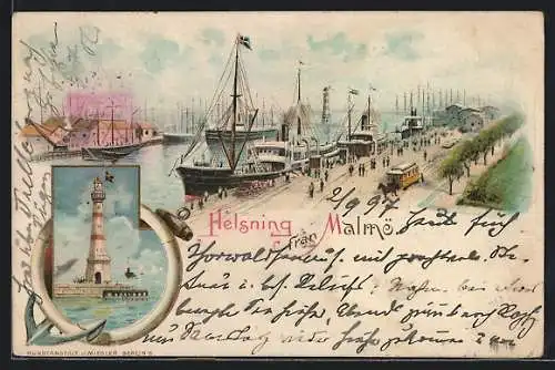 Lithographie Malmö, Panorama vom Hafen, Leuchtturm