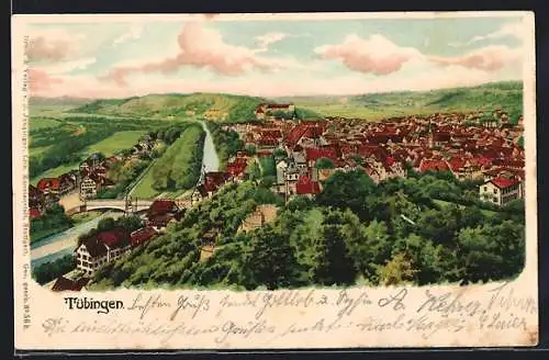 Lithographie Tübingen, Teilansicht mit Kirche