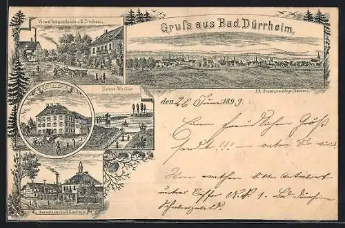 Lithographie Bad Dürrheim, Saline-Hotel, Verwaltungsgebäude u. II. Siedhaus, Ortspanorama