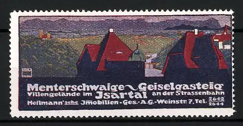 Künstler-Reklamemarke Ludwig Hohlwein, Menterschwaige-Geiselgasteig, Villengelände im Isartal, Heilmann Immobilien GmbH