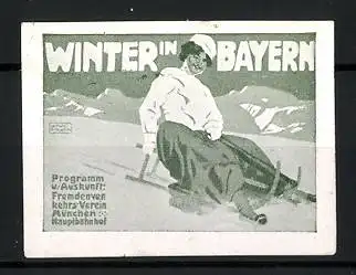 Reklamemarke Winter in Bayern, Frau rodelt auf einem Schlitten