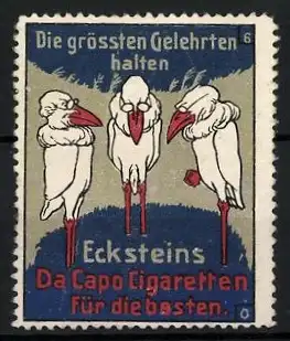 Reklamemarke Da Capo Cigaretten, Eckstein, Die grössten Gelehrten, drei Störche mit Brillen, Bild 6