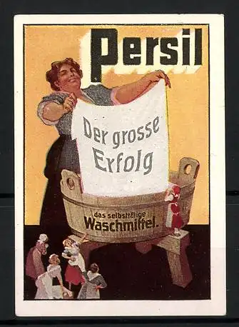 Reklamemarke Persil - selbsttätiges Waschmittel, Waschfrauen am Waschfass