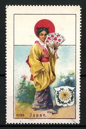 Reklamemarke Japan, Geisha in traditioneller Tracht, Flagge und Wappen