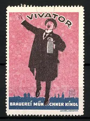 Künstler-Reklamemarke Ludwig Hohlwein, Vivator Brauerei Münchner Kindl, Mann mit Bierkrug, Stadtsilhouette