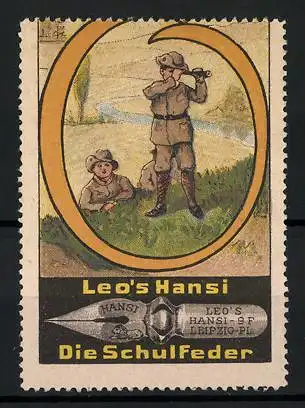 Reklamemarke Leo`s Hansi Die Schulfeder, Pfadfinder auf einem Berg, Buchstabe O