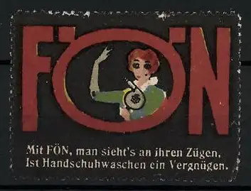 Reklamemarke Fön - zum Handschuhtrocknen, Frau fönt einen Handschuh