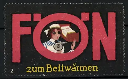 Reklamemarke Fön - zum Bettwärmen, Krankenschwester mit Fön in der Hand, Bild 2