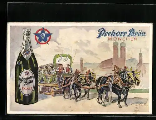 Vertreterkarte München, Pschorr Bräu, Bierkutsche, Flasche Pschorr Brau Export