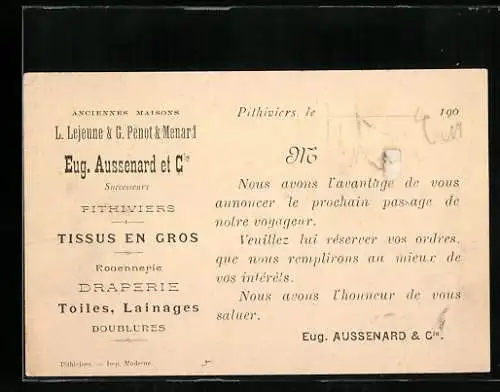 Vertreterkarte Pithiviers, Anciennes Maison L. Lejeune & G. Penot & Menard, Eug. Aussenard et Cie.