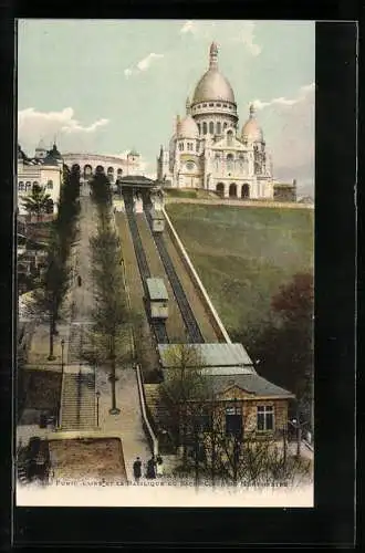 AK Paris, Le Funiculaire er la Basilique ou Sacre Coeur de Montmarte, Bergbahn