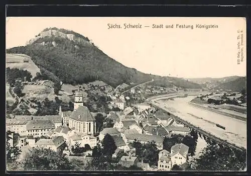 AK Königstein /Sächs. Schweiz, Teilansicht mit Festung Königstein