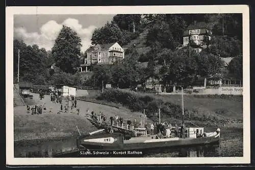 AK Rathen, Dampferanlegestelle mit Hotel Armida und Gasthaus Rosengarten