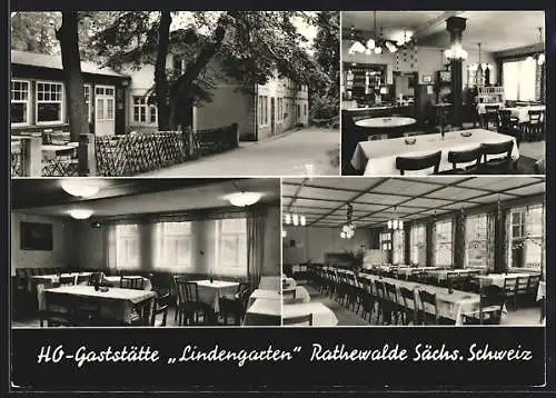 AK Rathewalde /Sächs. Schweiz, Die HO-Gaststätte Lindengarten mit Speiseräumen und Terrasse