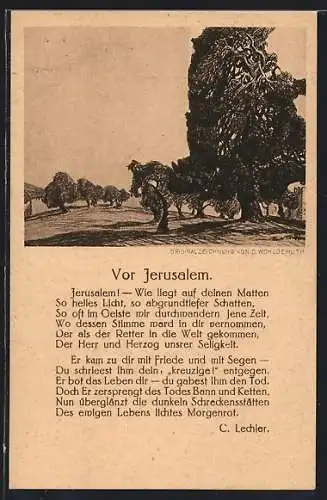 Künstler-AK Jerusalem, Blick auf ein Wäldchen, Gedicht Vor Jerusalem