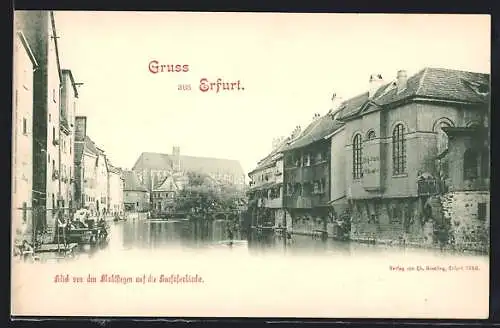 AK Erfurt, Kleine Synagoge, Blick von den Mühlstegen auf die Barfüsserkirche