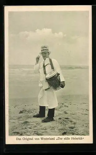 AK Westerland, Das Original der süsse Heinrich am Strand mit Trommel