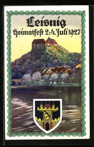 Künstler-AK Leisnig, Heimatfest 2.-4. Juli 1927, Ortsansicht, Wappen