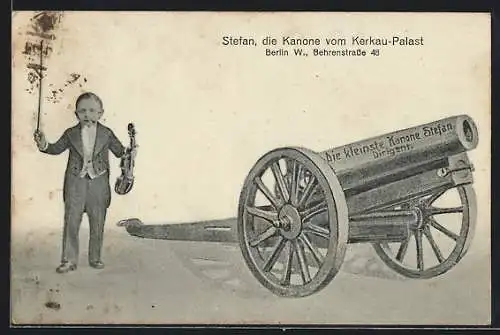 AK Berlin, Liliputaner Stefan, die Kanone v. Kerkau-Palast, Behrenstrasse 48