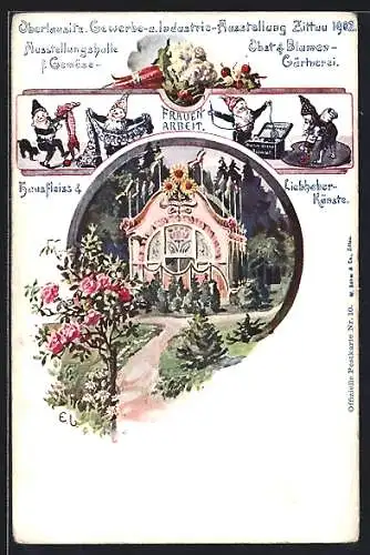 Künstler-AK Zittau, Oberlausitzer Gewerbe- u. Industrie-Ausstellung 1902, Frauenarbeit, Ausstellungshalle