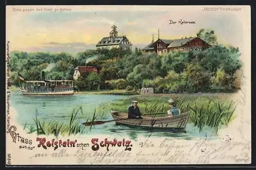 Lithographie Malente-Gremsmühlen, Dampfer auf dem Kellersee, Gebäude am Ufer, Halt gegen das Licht: Vollmond