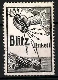 Reklamemarke Blitz Brikett, Hand hält Kohlestück aus einer Wolke heraus