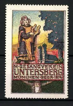 Reklamemarke München, Männer-Gesangverein Untersberg, Gegr. 1874, Münchner Kindl mit Lyra vor Frauenkirche, Zwerg