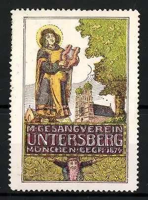 Reklamemarke München, Männer-Gesangverein Untersberg, Gegr. 1874, Münchner Kindl mit Lyra vor Frauenkirche, Zwerg