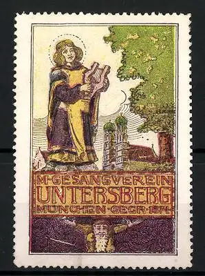 Reklamemarke München, Männer-Gesangverein Untersberg, Gegr. 1874, Münchner Kindl mit Lyra vor Frauenkirche, Zwerg