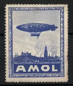 Reklamemarke Amol, Zeppelin fährt über eine Stadt hinweg