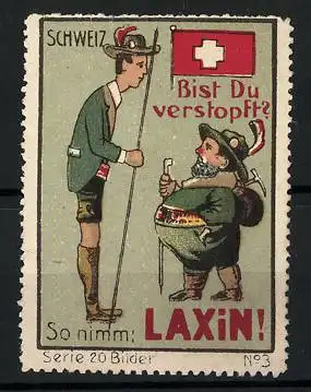 Reklamemarke Laxin - Abführmittel, Bist du verstopft? Schweizer im Gespräch, Flagge, Bild 3 von 20