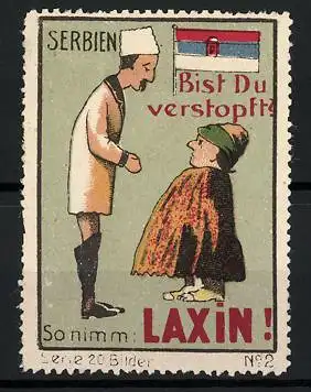 Reklamemarke Laxin - Abführmittel, Bist du verstopft? Serben im Gespräch, Flagge, Bild 2 von 20