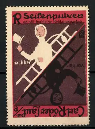 Künstler-Reklamemarke Johann Peter Werth, Seifenpulver von Carl Röder, Lauf a. P., weisser u. schwarzer Schornsteinfeger